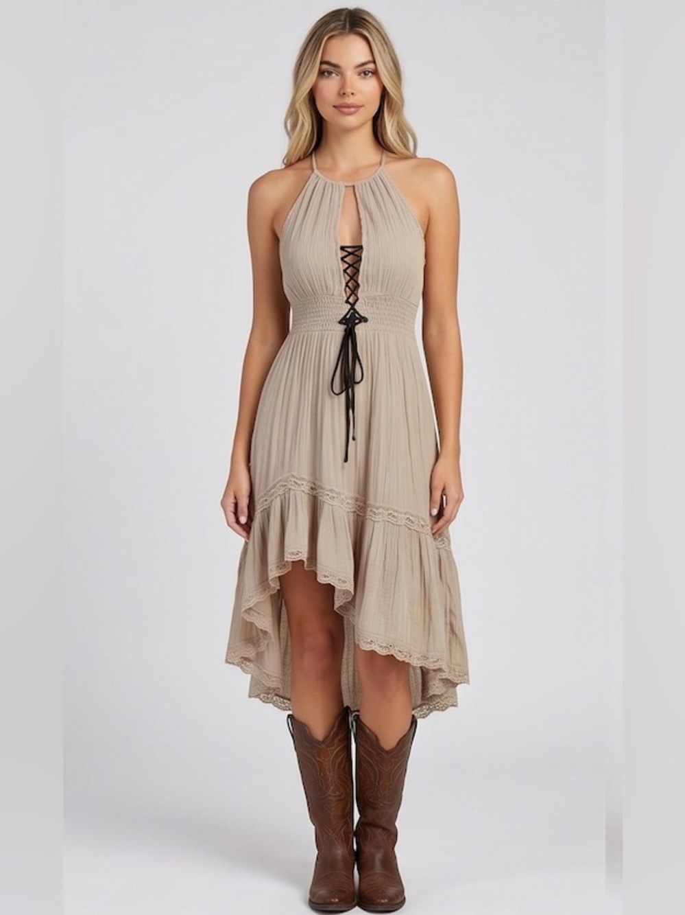 Boho Crinkle Gauze Halter Midi Dress - Lace-Up Corset High-Low Dress in Taupe - Picture 1 of 8